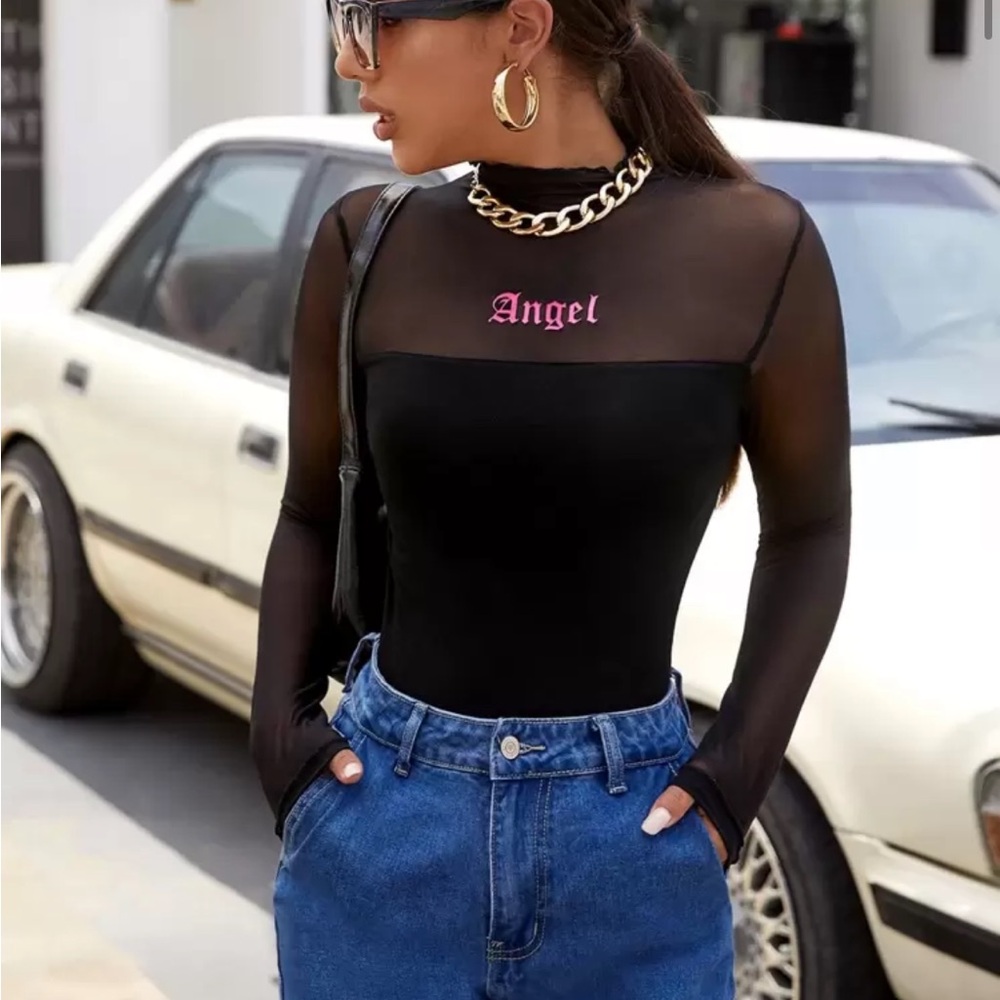 Black Mesh Long Sleeve Top with Pink 'Angel' Text
